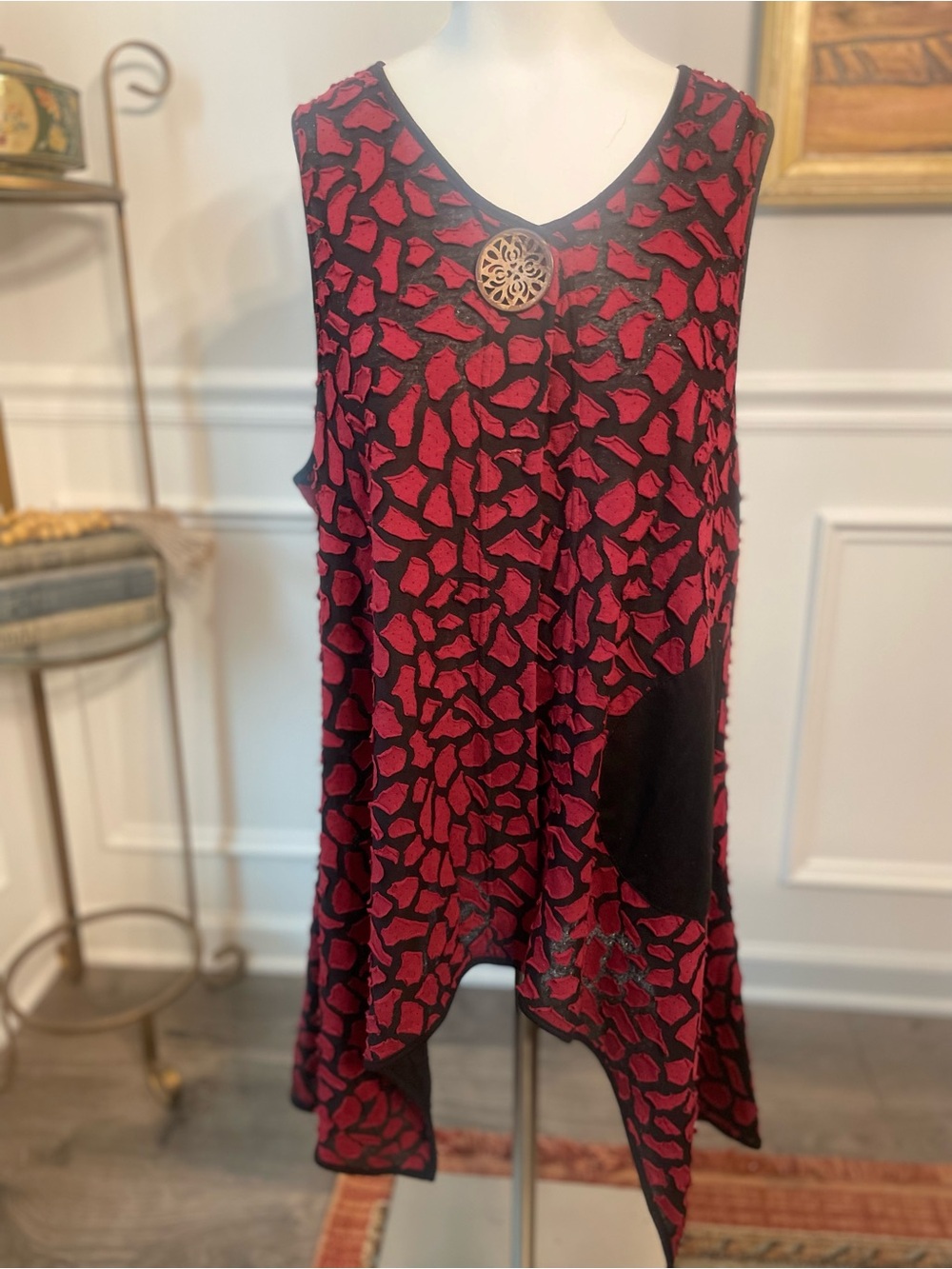 Kaktus Boho Black Tunic Tank Top with Red Accent